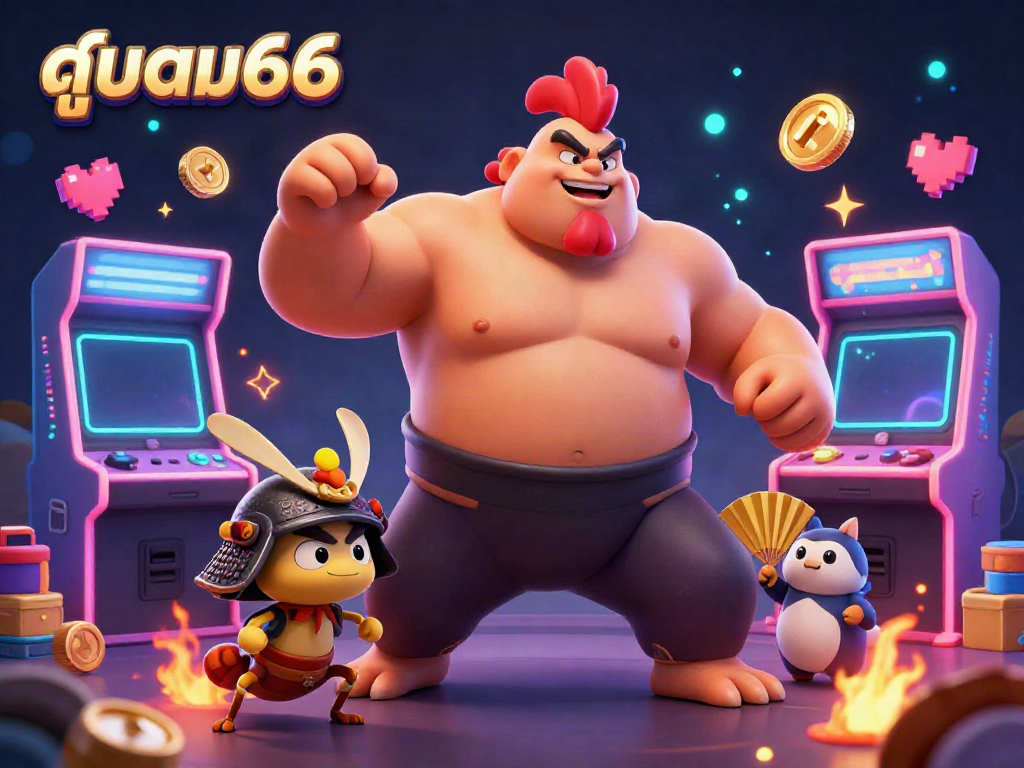 Exciting visual of ดูบอล66 showcasing a dynamic 3D sumo wrestler rooster, fierce cricket, and announcer in an arcade scene.