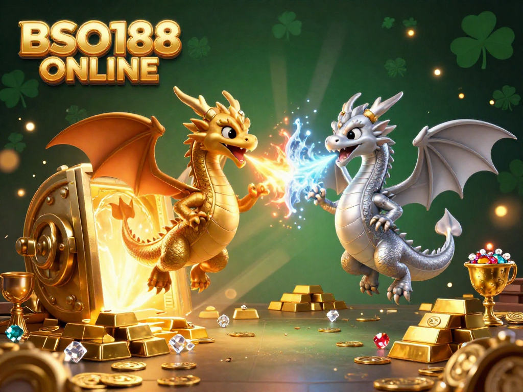 Experience exciting gaming with BSO188 ONLINE as dragons guard treasure in a vibrant casino scene.