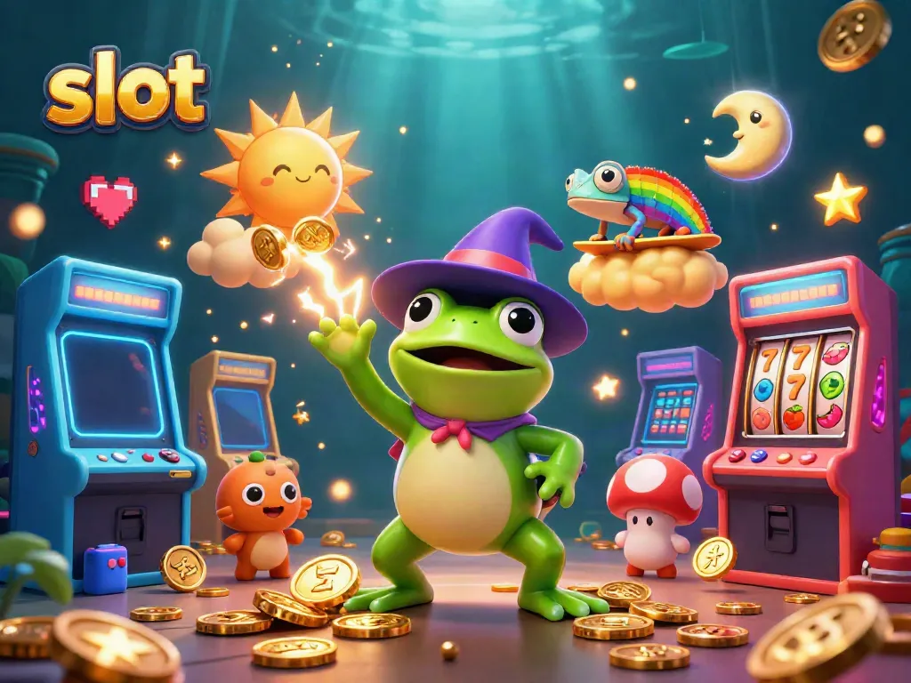 Menangkan slot dengan ilustrasi slot yang menakjubkan menggambarkan karakter lucu dan mesin permainan.