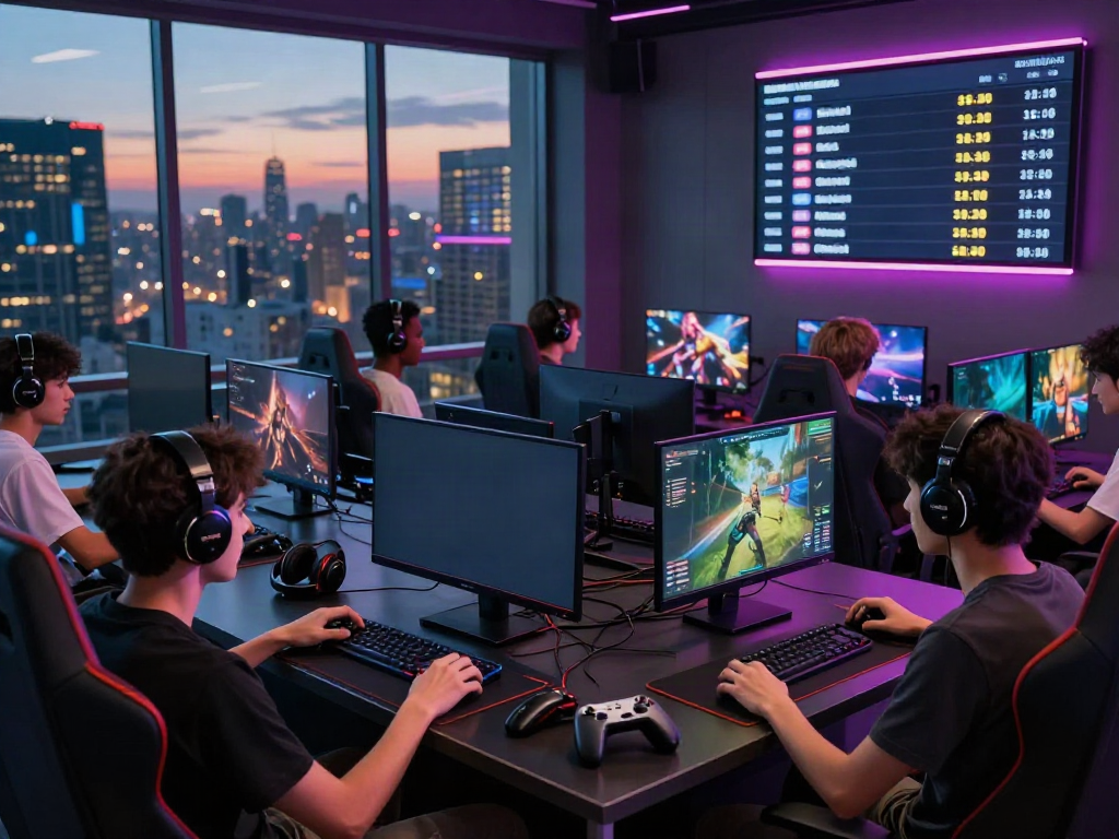 Players engaging in online games on a luxury gaming platform with real-time metrics displayed, emphasizing community and technology.