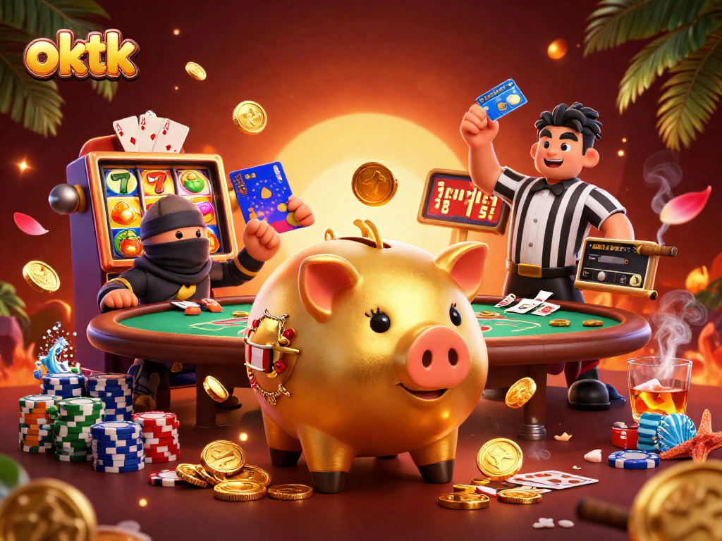 Watch out for the oktk golden piggy bank sumo wrestler in this vibrant casino scene.