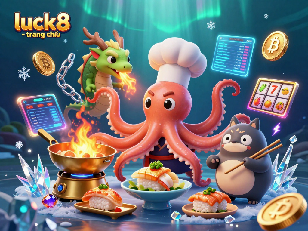 Engage in thrilling casino action with luck8 - trang chủ as a sushi chef octopus prepares golden dishes amidst glimmering cryptocurrencies.