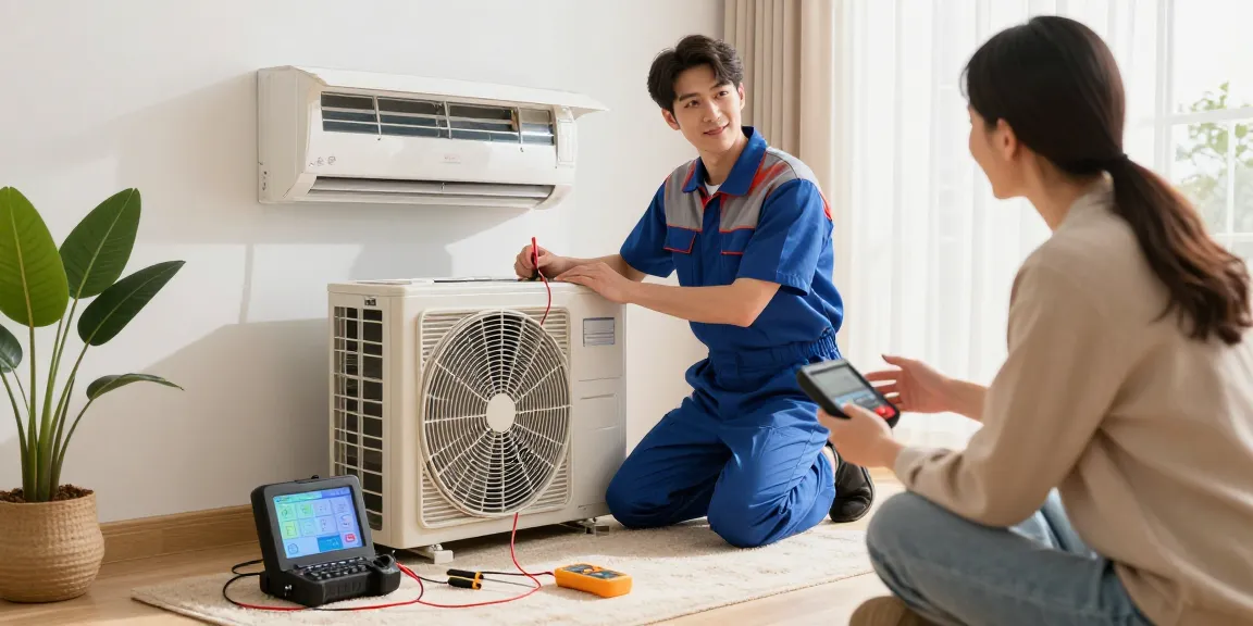 Technician performing Split AC repair in a bright living room with tools and homeowner present.