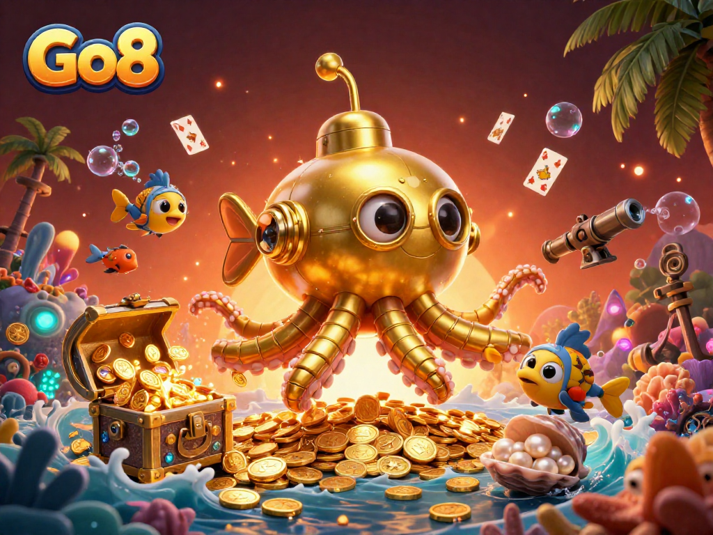 Experience thrilling gaming adventures at Go8 with this vibrant underwater illustration featuring gold coins and mechanical fish.