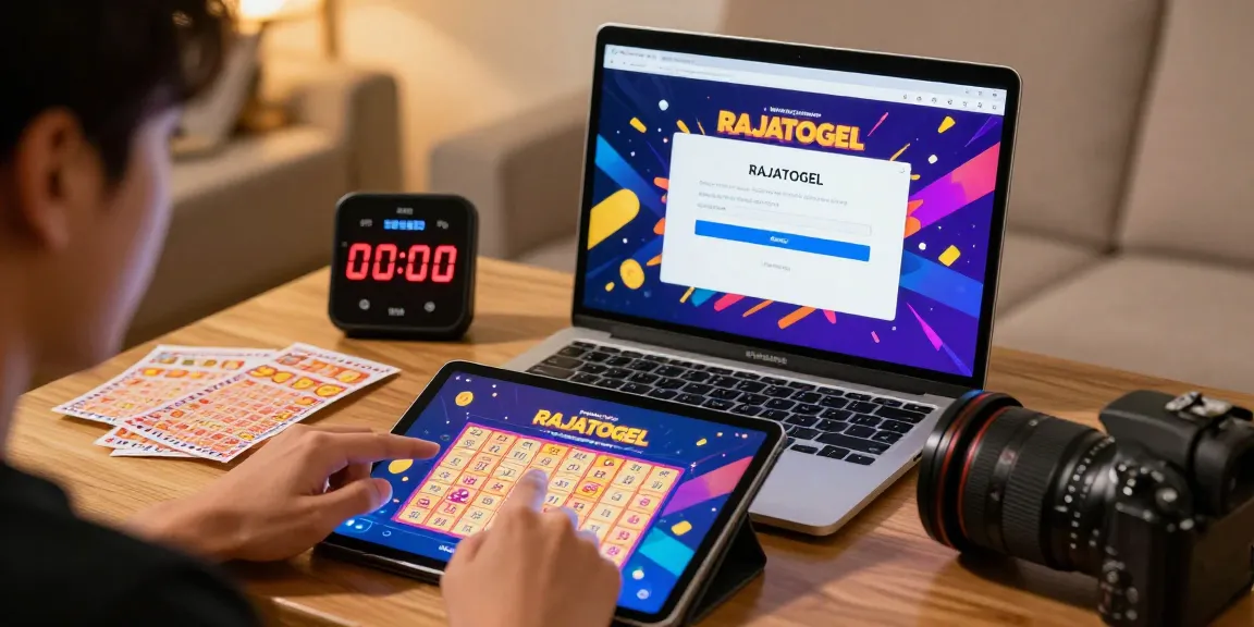 Proses login RAJATOGEL di tablet dengan tampilan menarik dan tiket lotere di sekitarnya.