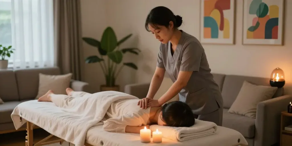 서대문출장안마 session in a cozy wellness setting with calming elements.