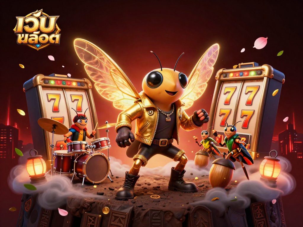Engage with เว็บสล็อต while enjoying vibrant 3D illustration of a rock star cicada and dynamic slot elements.