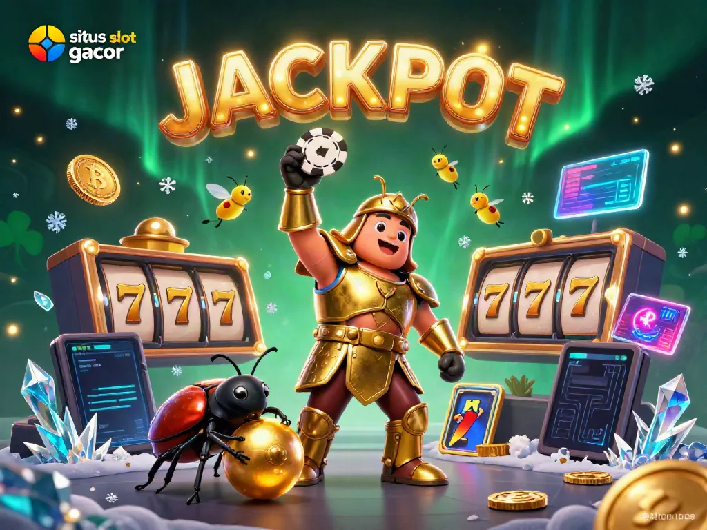 Ilustrasi 3D situs slot gacor menampilkan karakter unik dalam suasana kasino dengan elemen slot yang menarik.
