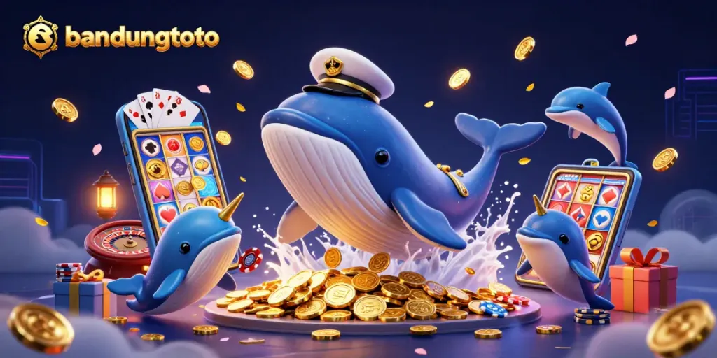 Engage in thrilling casino action with bandungtoto, featuring a whale captain, golden coins, and slot games.