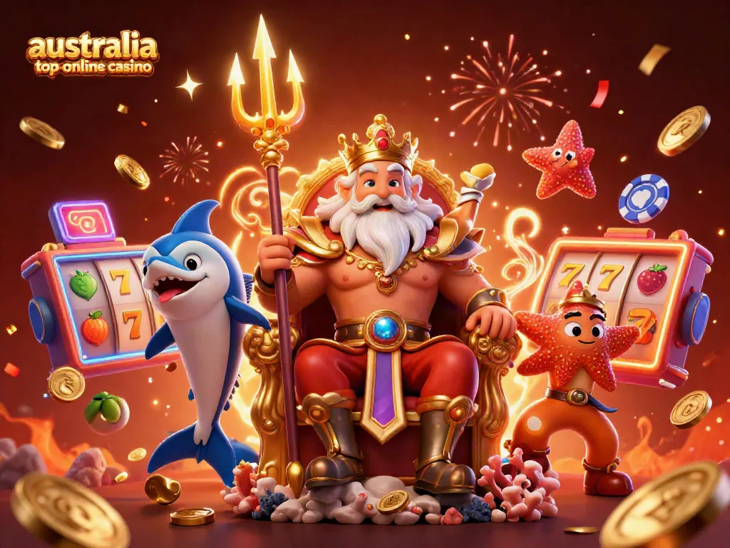 Experience exciting gaming fun with australia top online casino's lively scene featuring a cartoon sea king and vibrant casino elements.