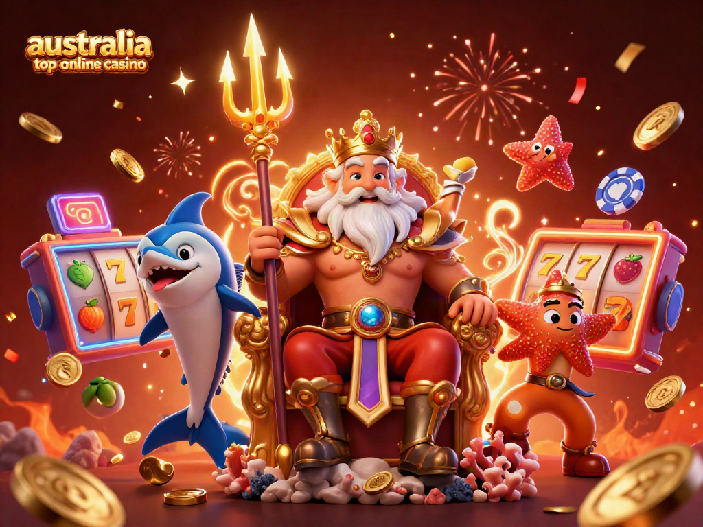 Experience exciting gaming fun with australia top online casino's lively scene featuring a cartoon sea king and vibrant casino elements.