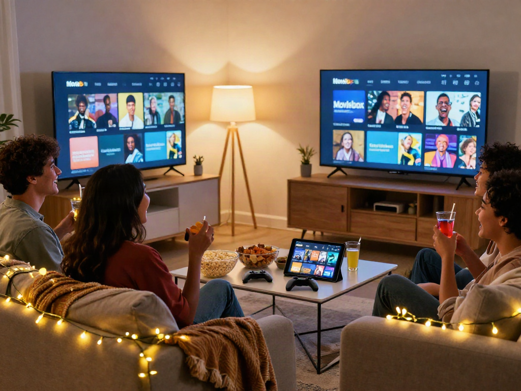 Friends enjoying a movie night using the Moviebox app in a cozy living room.
