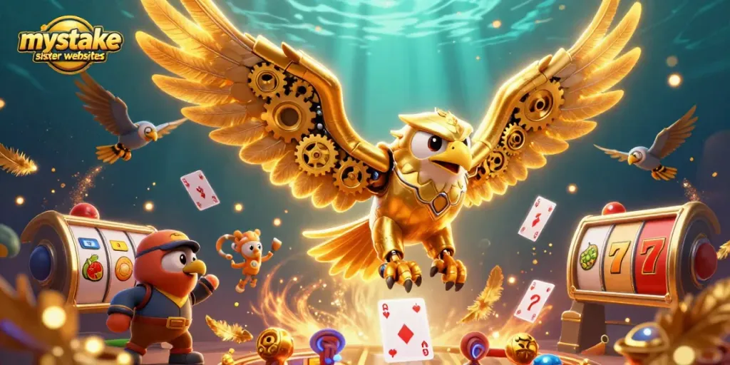 Engage with the mystake sister websites through this dynamic casino-themed illustration showcasing a cybernetic eagle amid golden gaming elements.