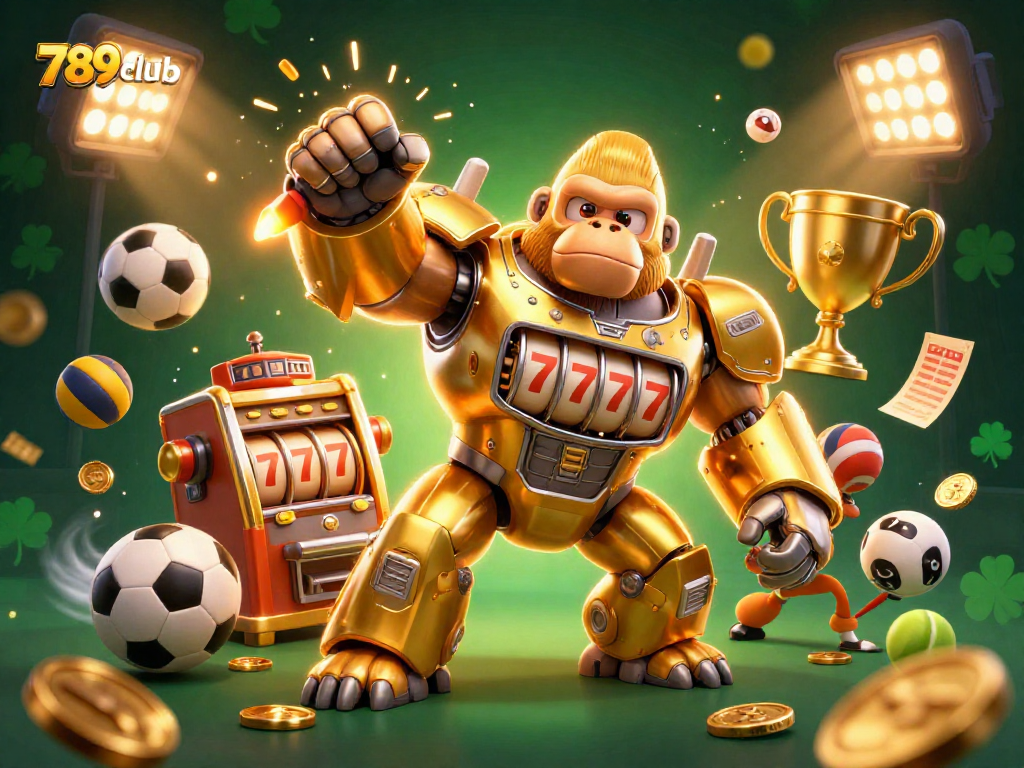 Experience the thrilling action of 789club with an engaging golden gorilla mech surrounded by vibrant gaming elements.