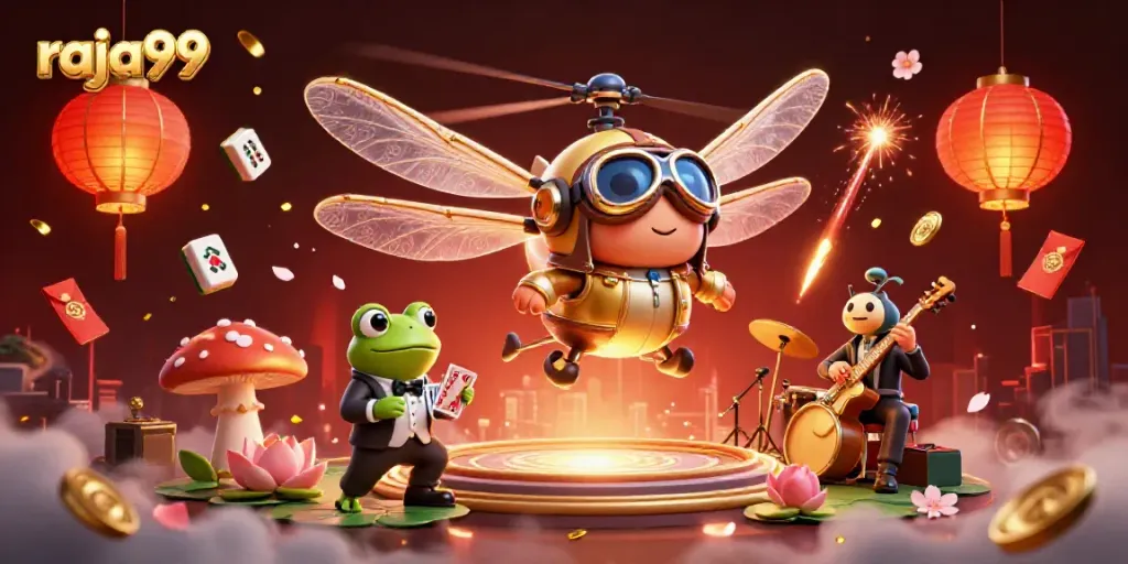 Experience the excitement at raja99 with a vibrant 3D casino scene featuring dynamic characters.