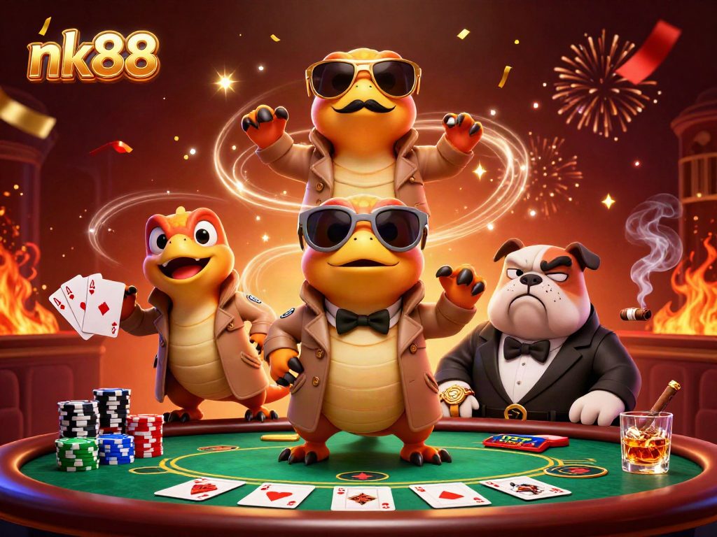 Engage with nk88's thrilling VIP casino scene featuring playful raptors and a bouncer.