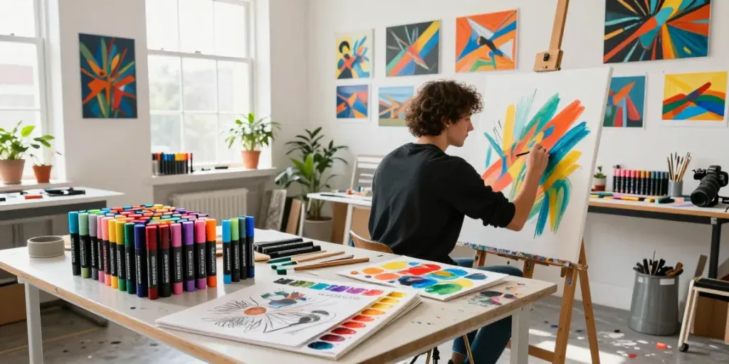 Artist painting in vibrant art studio with marker pens from a leading marker pen supplier.