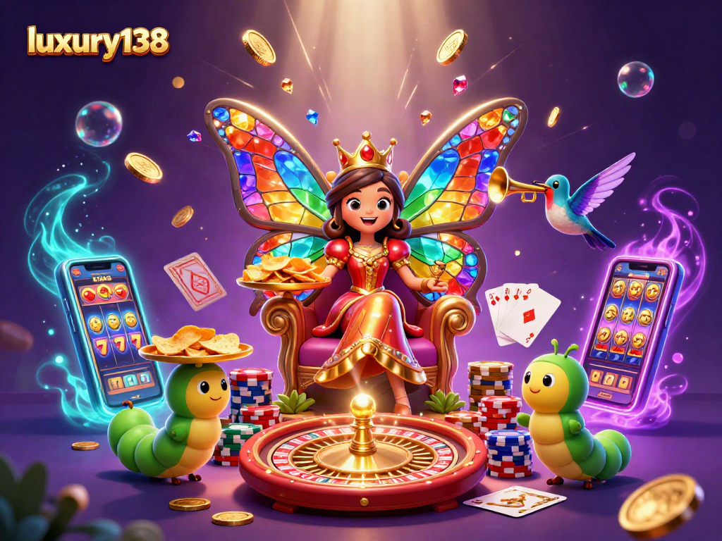 Bermain untuk menang di luxury138 dengan ilustrasi kasino penuh warna dan elemen permainan yang memukau.