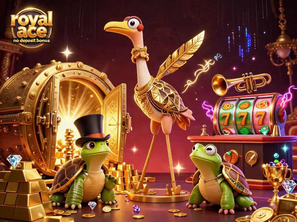 Play and win with royal ace no deposit bonus at a sparkling casino featuring vibrant characters and treasures.