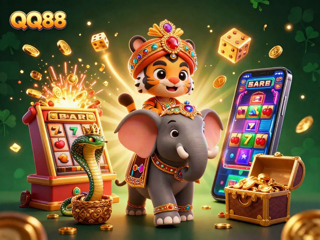 Experience QQ88 with a vibrant 3D casino scene featuring a jubilant maharaja and jackpot symbols.