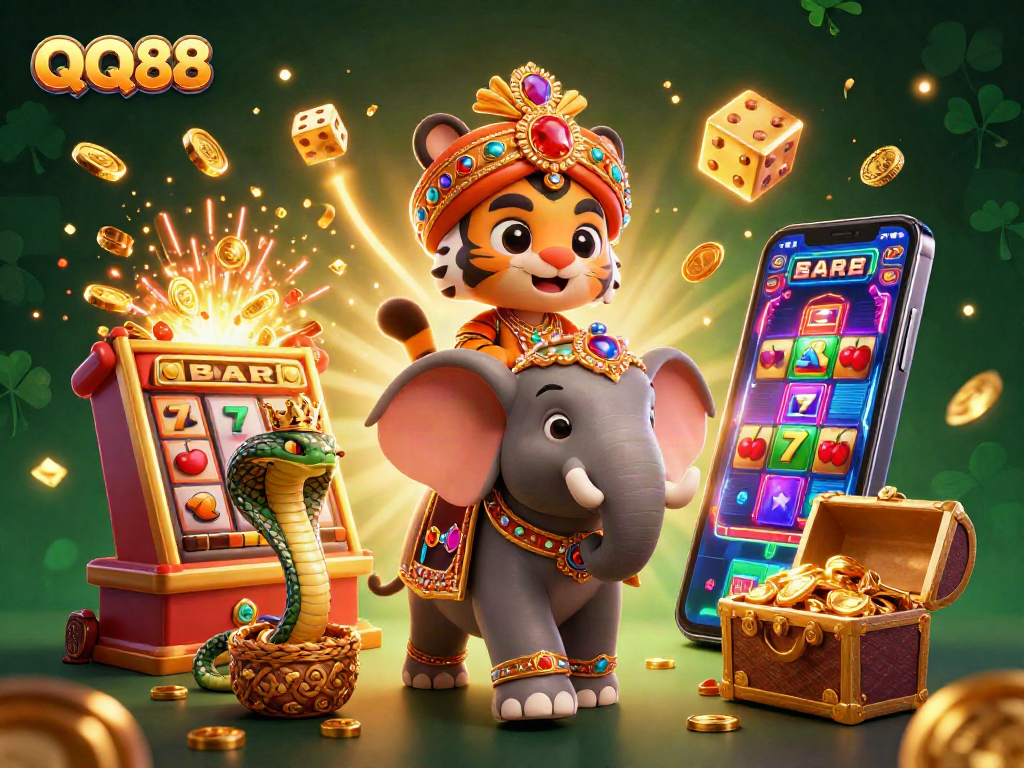 Experience QQ88 with a vibrant 3D casino scene featuring a jubilant maharaja and jackpot symbols.