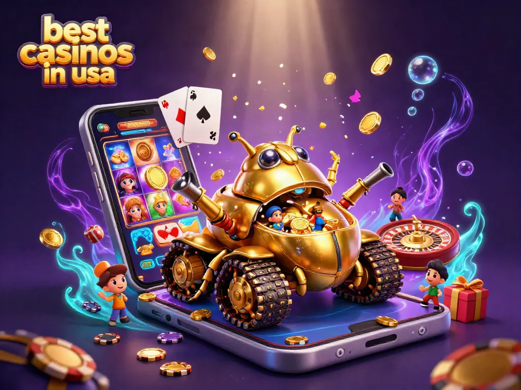 Experience the thrilling magic of the best casinos in usa with a 3D golden beetle tank and casino elements.