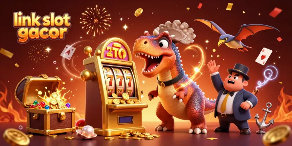Link slot gacor: Gambar ilustrasi 3D aksi mesin slot dengan dinosaurus, menghasilkan koin jackpot.