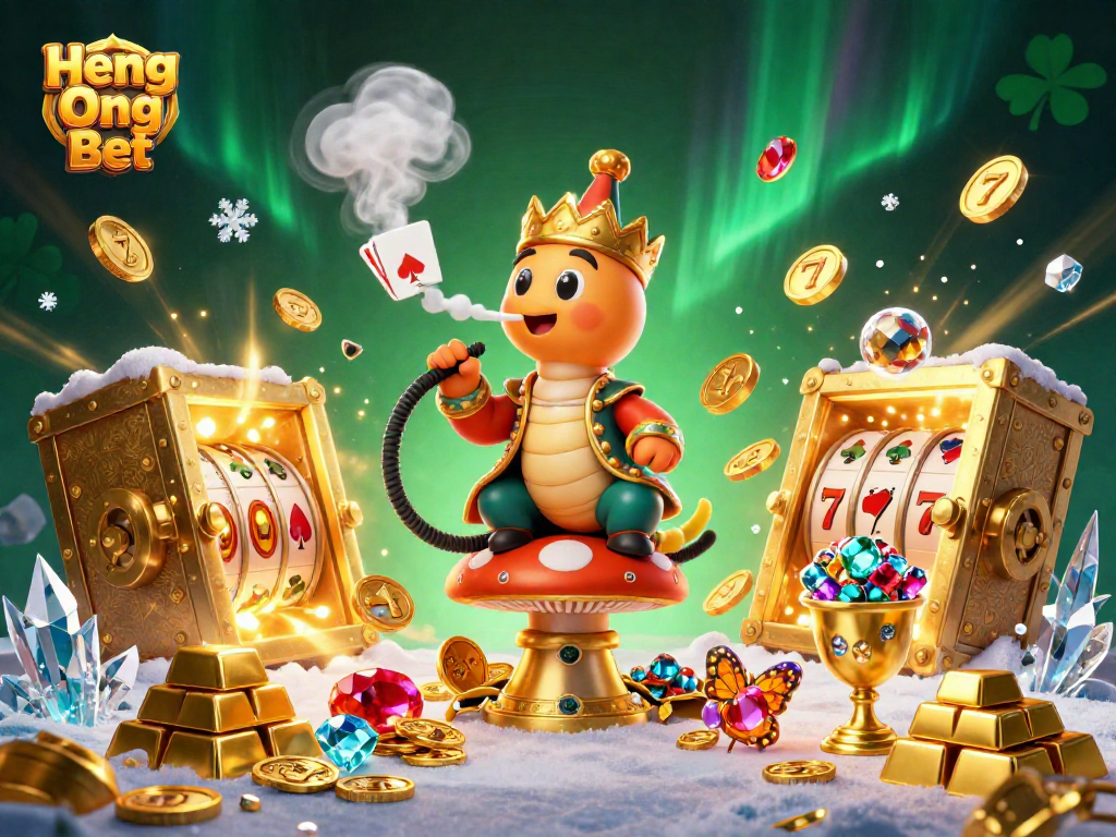 Experience thrilling wins at Heng Ong Bet with a vibrant casino scene featuring a magical caterpillar and vibrant treasures.