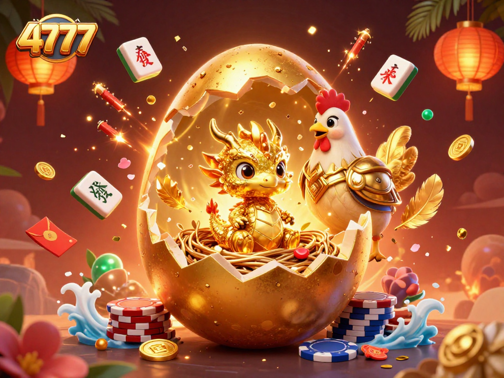 Engage with the 4777 immersive gaming experience featuring a golden baby dragon and poker chips.