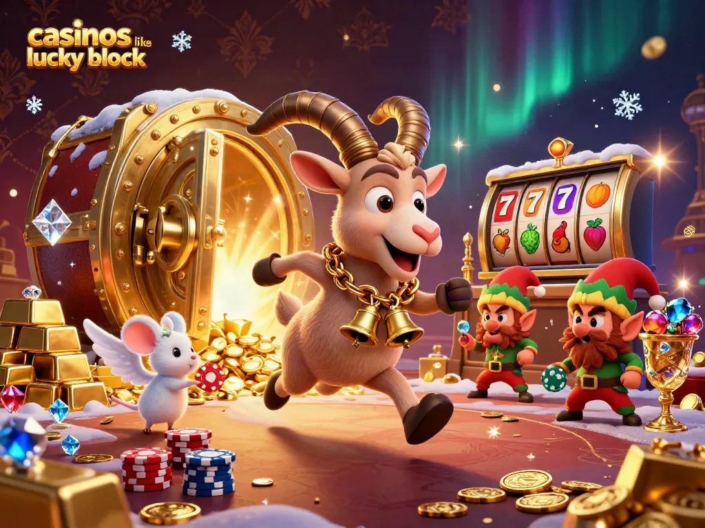 Engage in thrilling casino games like Lucky Block, featuring festive characters and bright slot machines.