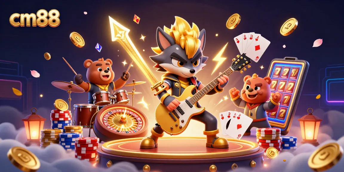 Experience the excitement at cm88 with a vibrant casino scene featuring a rock star wolf and drummer bear.