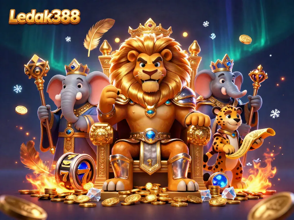 Ledak388 offers an exciting casino experience with vibrant visuals of the lion king, elephant advisor, and cheetah messenger.