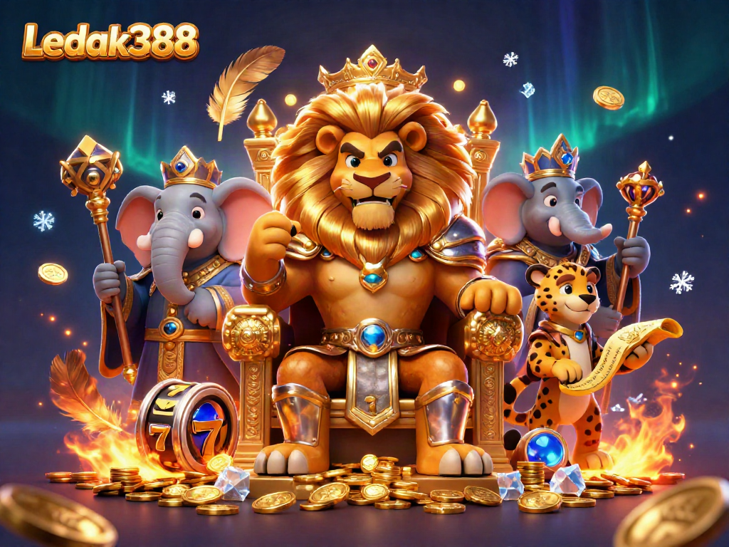 Ledak388 offers an exciting casino experience with vibrant visuals of the lion king, elephant advisor, and cheetah messenger.