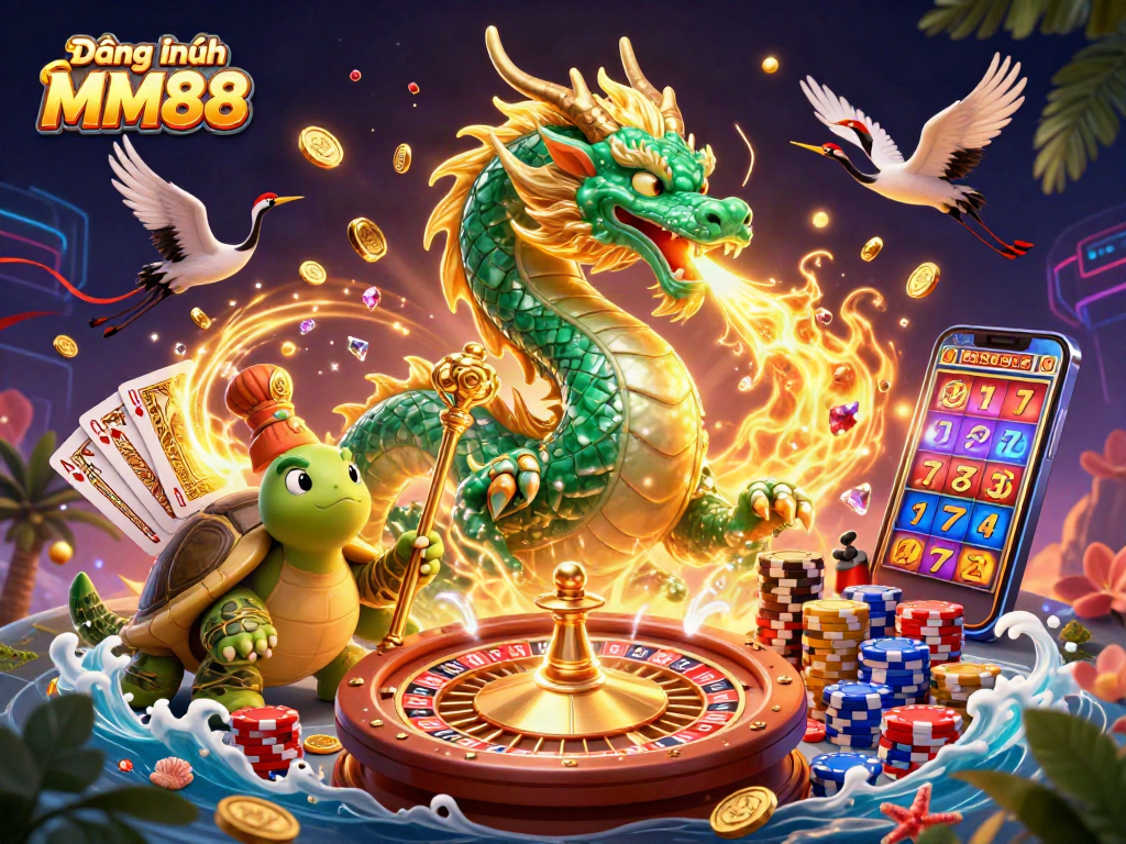 Engage in Đăng nhập MM88 with a vibrant 3D casino scene showcasing a jade dragon, turtle sage, and lucky cranes.