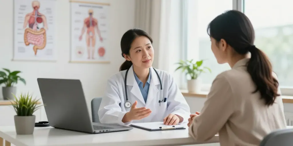 Doctor discussing IBS treatment options with a patient in a calm medical office.