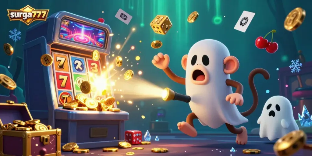 Experience the excitement of surga777 slots with our vibrant casino scene featuring a playful monkey and a curious puppy.