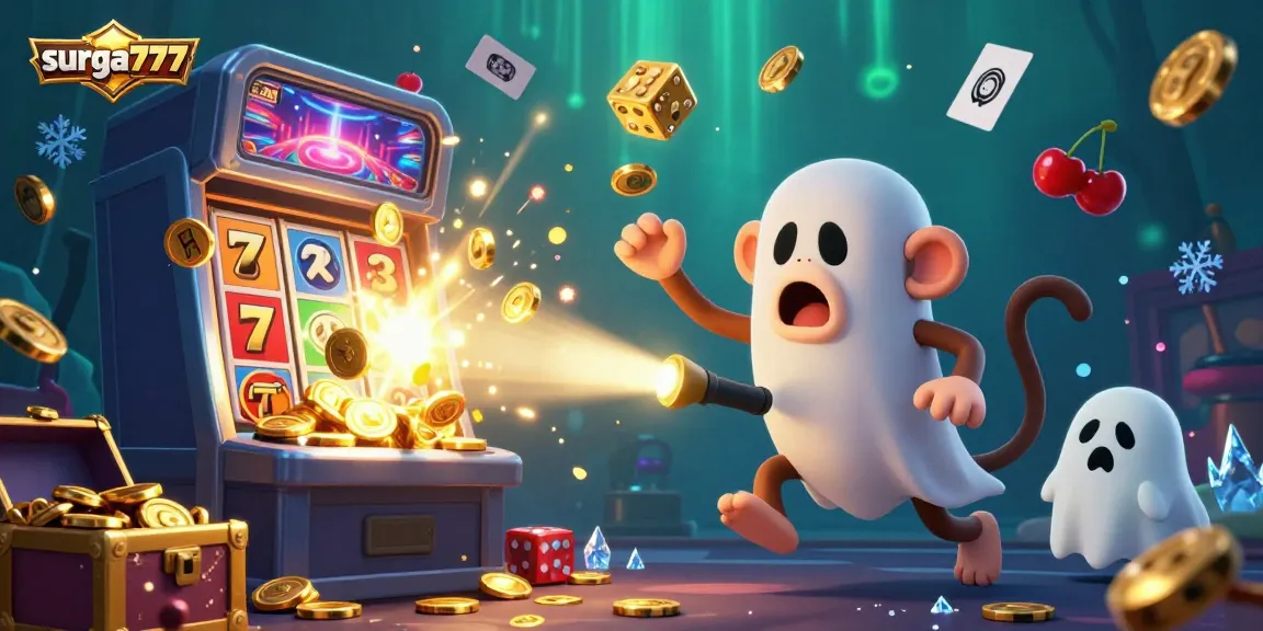 Experience the excitement of surga777 slots with our vibrant casino scene featuring a playful monkey and a curious puppy.